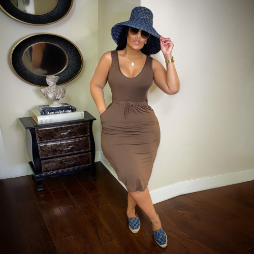 Women's Fashion Solid Color V-Neck Strap Tank Top Dress Ruffle Hem Sexy Dress