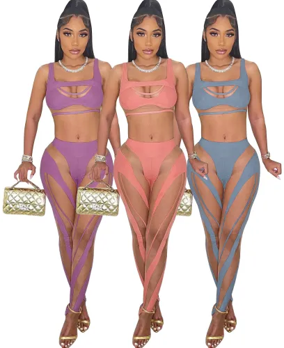 Irregular stitching hollow suspenders fashion suit two-piece set
