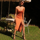 Solid Color Sling Sleeveless Low Cut High Waist Pleated Long Dress