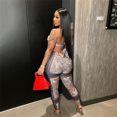 Digitally Printed Sexy Wrap Bust Open Back Top Hip Lift Tight Tracksuit