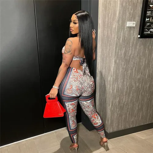 Digitally Printed Sexy Wrap Bust Open Back Top Hip Lift Tight Tracksuit