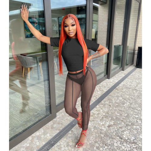 Short-sleeved mesh pants two-piece sexy see-through solid color sports suit