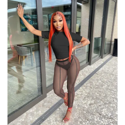 Short-sleeved mesh pants two-piece sexy see-through solid color sports suit