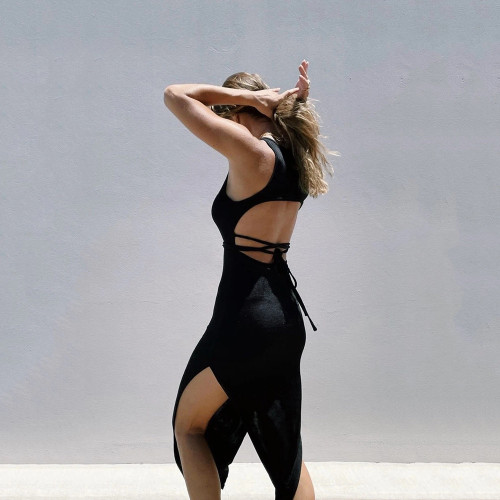 Casual Solid Color Sleeveless Tie Backless Slit Dress Women's