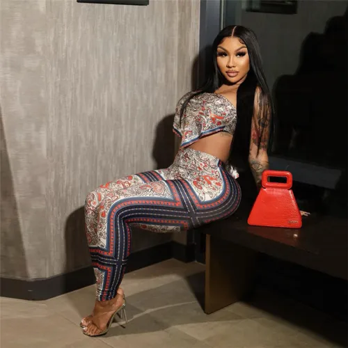 Digitally Printed Sexy Wrap Bust Open Back Top Hip Lift Tight Tracksuit