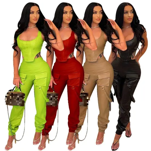 Fashion wrap chest high elastic PU leather jacket two-piece suit