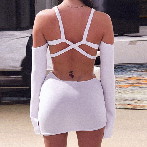 Sexy Hollow Open Back Slim Top Irregular Hips Package Short Skirt Suit
