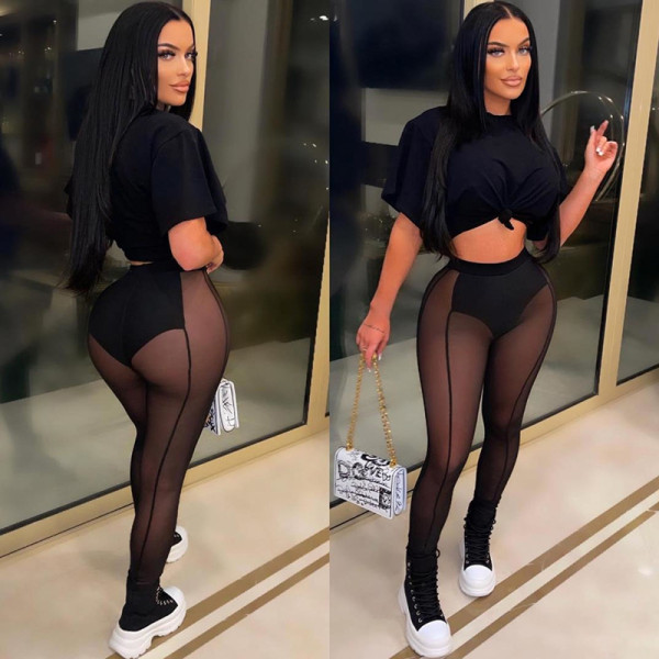 Sexy Mesh Panel Cutout High Waist Skinny Hip Lift Pants Set