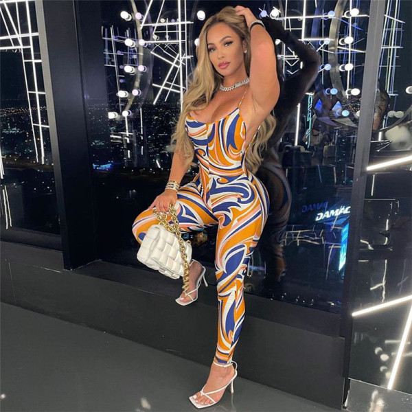 Women's Fashion Printed Backless Sling High Waist Bodysuit