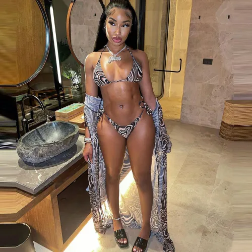 Sexy Shawl Cropped Tie Wrap Bust Beachwear Three-Piece Set