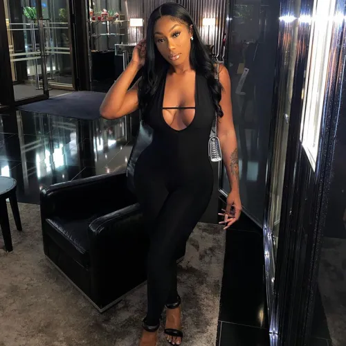 Women's Sexy Low Cut Halter Neck Tight High Waist Hip Raise Hollow Sports Jumpsuit