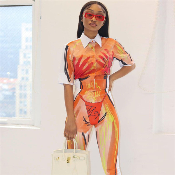 Fashion Digital Print Loose Cropped Single Breasted Lapel Short Sleeve Top