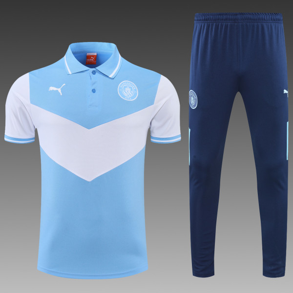 Manchester City POLO kit blue and white Short Sleeve Suit