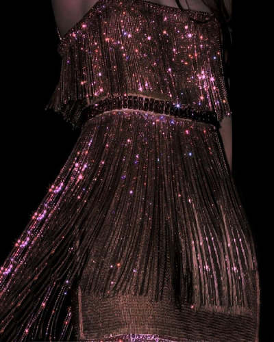 V-Neck Strap Gold Glitter Fringe Sequin Party Dress