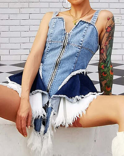 Design Colorblock Denim Sling Waist Corset