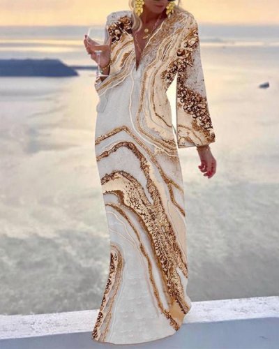 🎉Today's special 🎉Beach marble print long sleeve extra long dress