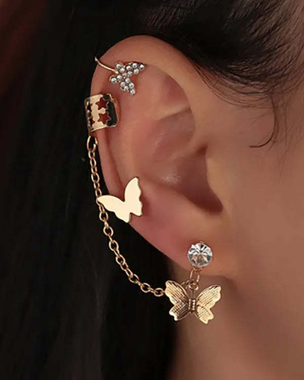 Gold 5 Piece Butterfly Cutout Pentagram Moon Earrings