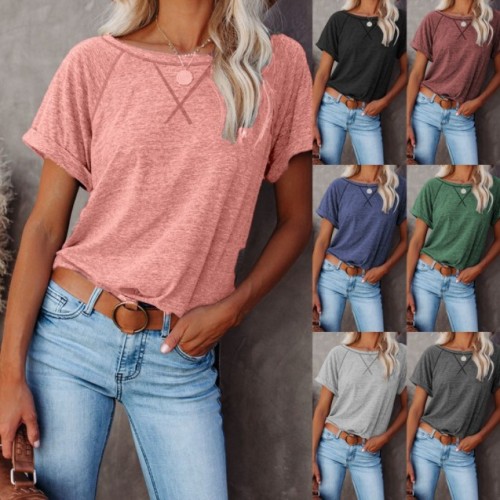 Summer New Women's Solid Short Sleeve T-shirt Office Lady Tops Retro Simple Round Neck Pullover