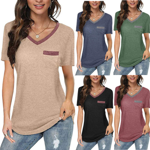 Summer Fashion Women Pockets Short Sleeve T-shirts Female Loose Casual Streetwear Ladies Daily V-Neck Tee Tops