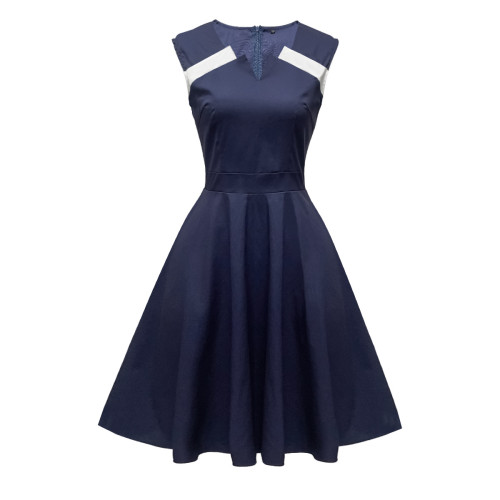 Women's V-Neck Contrast Waist  Skater Dresses