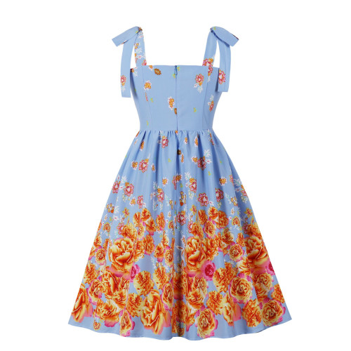 New Women's Lace-up Sexy Print Seaside Resort Suspender  Skater Dresses