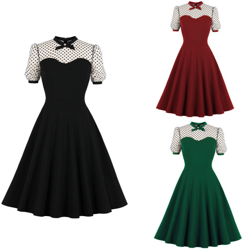 Women's Mesh Temperament Elegant Polka Dot Retro  Skater Dresses