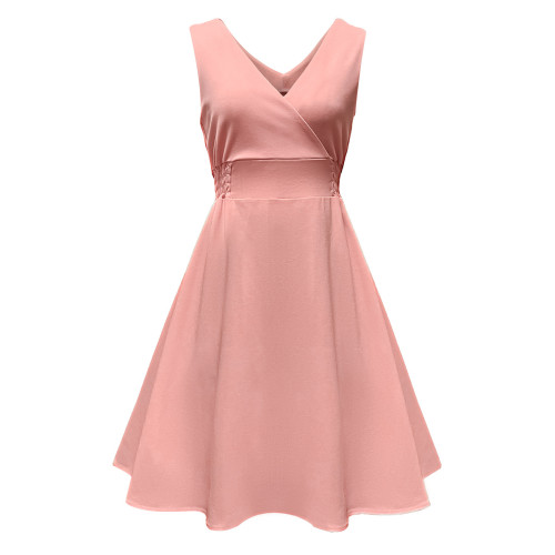 Women's New Solid Color V-neck Waist Slim  Skater Dresses
