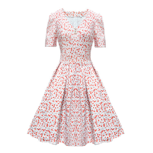 Women's New V-Neck Floral Print  Skater Dresses