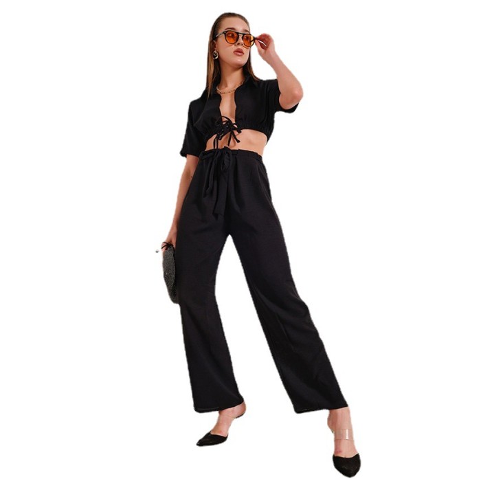 New Women's Casual Sexy Cropped Shirt   Two-piece Outfits