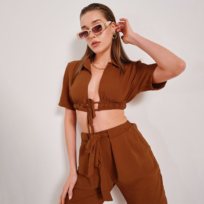 New Women's Casual Sexy Cropped Shirt   Two-piece Outfits