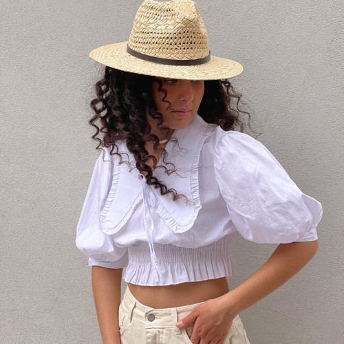 Women's Top Fashion Casual Doll Collar Temperament Waist   Blouses