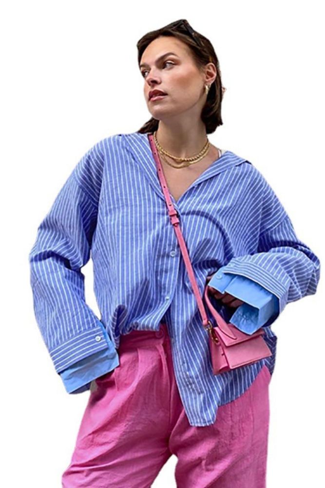 Women's New Blue Striped Long Sleeve Loose   Blouses