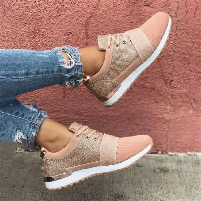 New Women Lace Up Fashion Splicing Flat Heel Comfortable and Breathable Sneakers