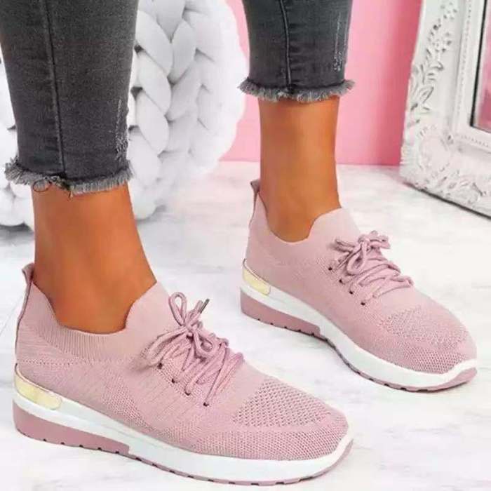 New Women Solid Lace-Up Round Toe Casual Sneakers