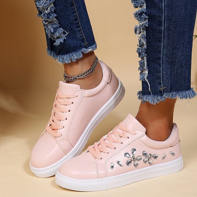 New Rhinestone Flowers Breathable Fashion Lace-up Outdoor Sneakers