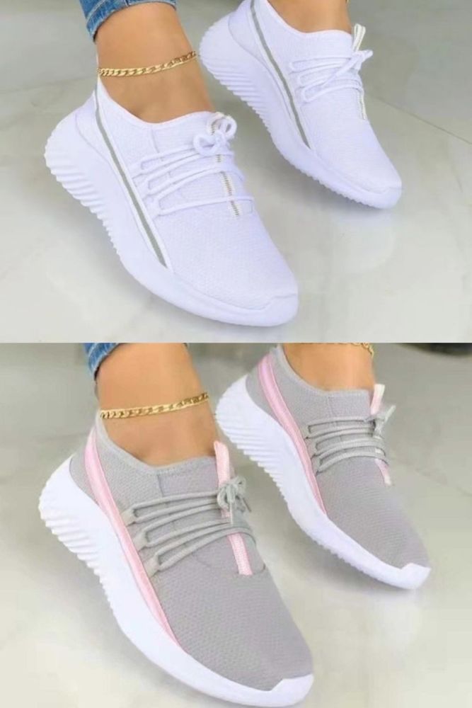 Women Knit Shoes Lace Up Solid Color Breathable Mesh Casual Sneakers