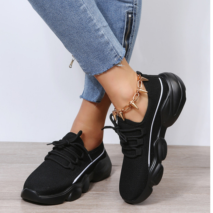 Spring New Round Toe Lace-Up Colorblock Platform Sneakers