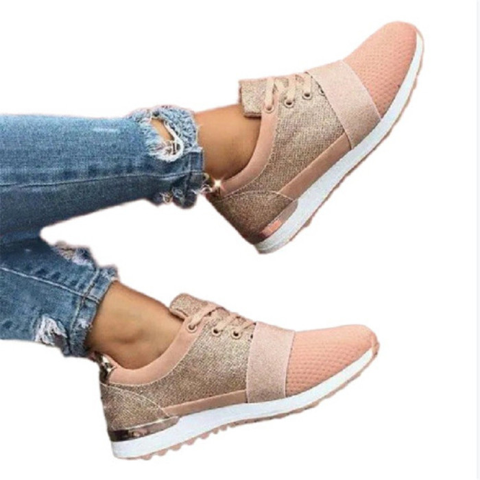 New Women Lace Up Fashion Splicing Flat Heel Comfortable and Breathable Sneakers