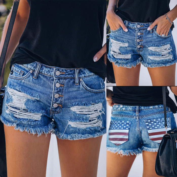 Women's New American Flag Printed Ripped Button  Denim Shorts