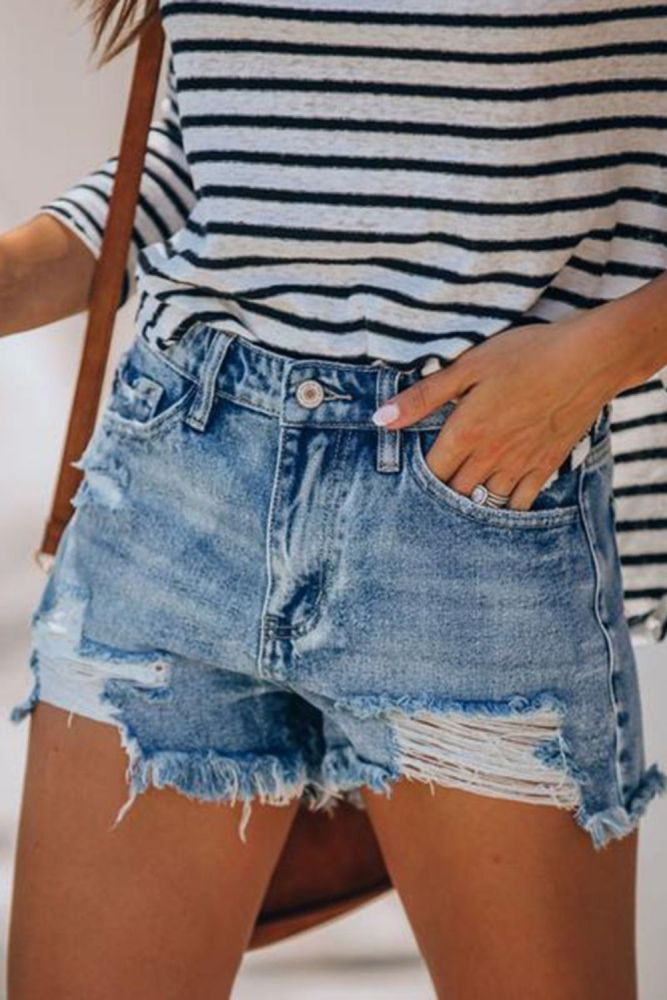 New Women Slim Tassels Hole Denim Shorts