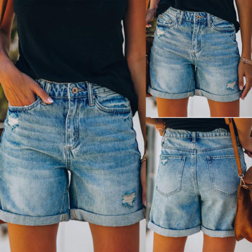 Summer Women's Solid Casual Button Pocket  Hole Water Wash Jeans Shorts