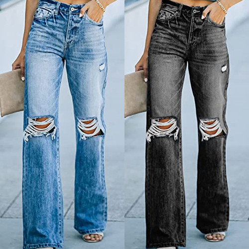 New Ripped Bleached Denim Trousers Fashion Casual Mid Waist Flare Women Jeans Pants