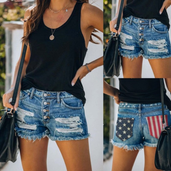 Women's New American Flag Printed Ripped Button  Denim Shorts