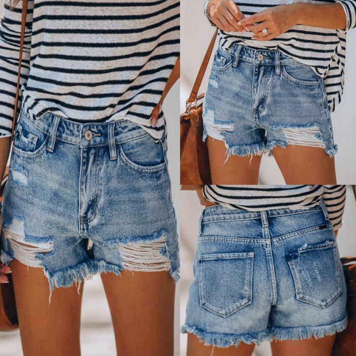 New Women Slim Tassels Hole Denim Shorts