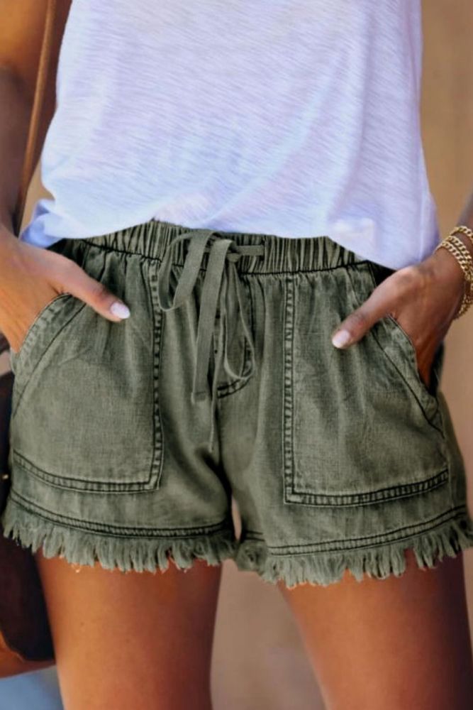 Summer Spring Elastic Waist Drawstring Casual High Waist Slimming Denim Shorts for Women