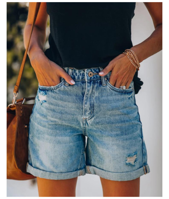 Summer Women's Solid Casual Button Pocket  Hole Water Wash Jeans Shorts