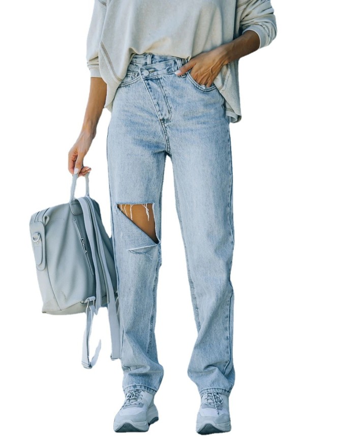 Women Blue Baggy High Waist Denim Hole Oversize Streetwear Jeans
