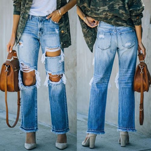 Hollow Out Ripped Straight Jeans Women Blue Baggy High Waist Denim Hole Oversize Streetwear Pants