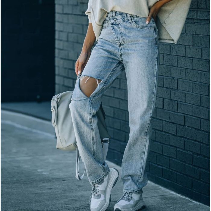 Women Blue Baggy High Waist Denim Hole Oversize Streetwear Jeans