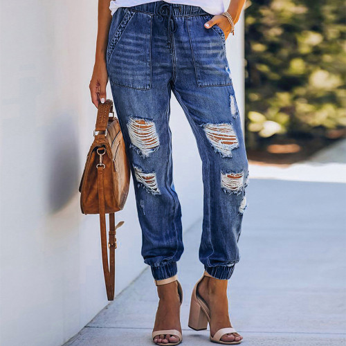 Women's Casual Drawstring Denim Pants Sexy Ripped Pencil Jeans
